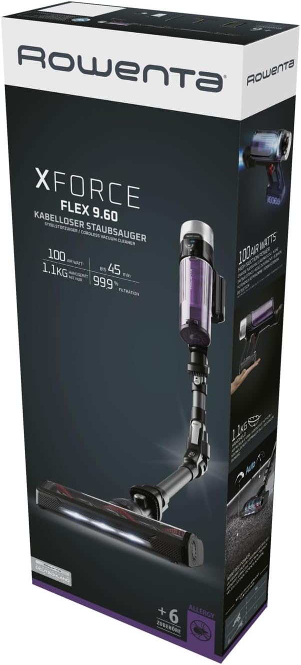 Rowenta X-Force Flex 9.60 Allergy kabelloser Akku-Stabstaubsauger, 100 Air Watt, herausnehmbarer Akku, bis zu 45 Min. Laufzeit, kompakt, Flex-Gelenk, LED-Düse, Lila-Schwarz, RH2038