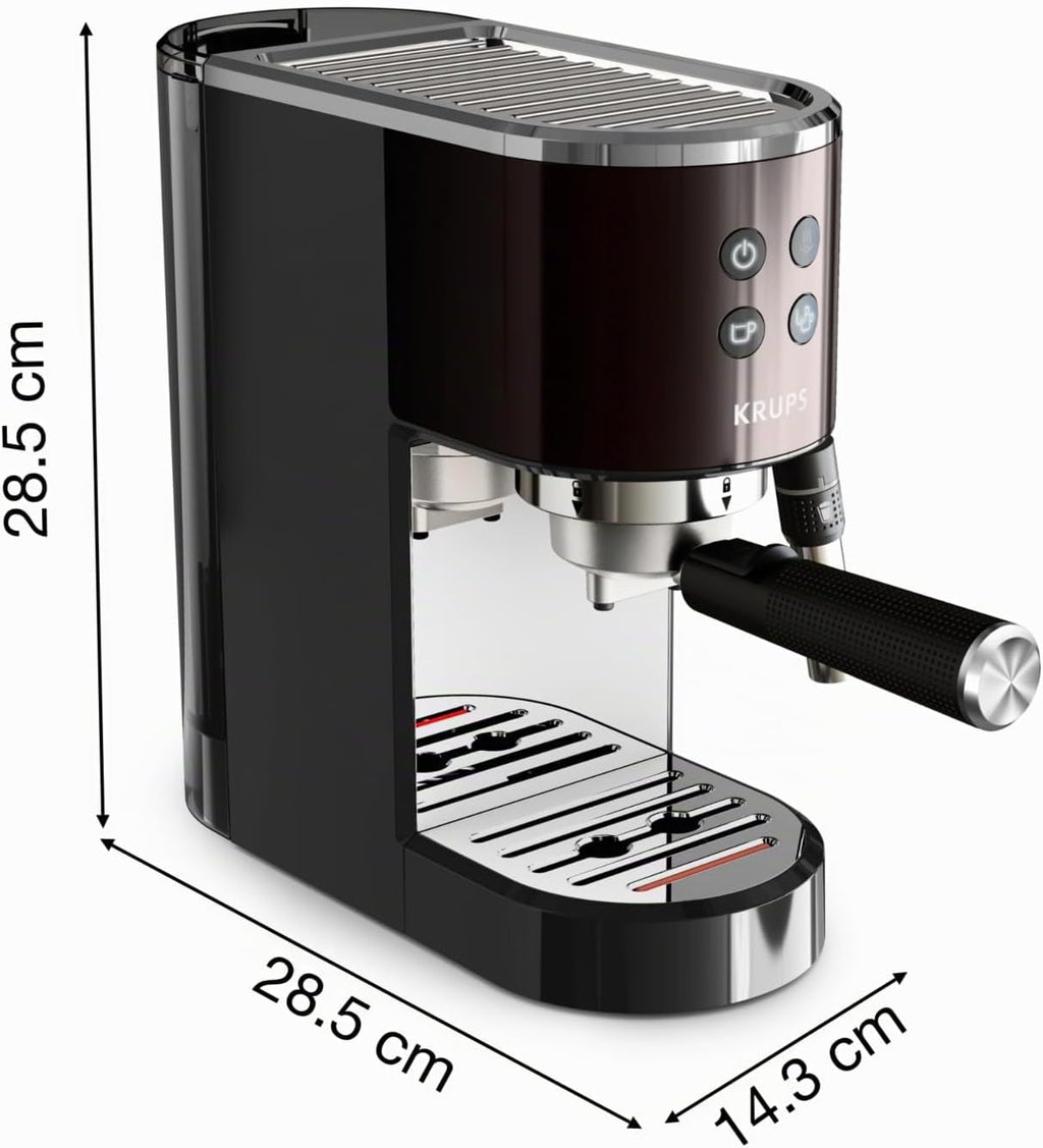Krups Virtuoso+ Espresso-Siebträgermaschine, 15 bar Pumpendruck, 3 Crema-Filter, Edelstahl-Dampfdüse, intuitives Bedienfeld, Drehregler, inkl. Dosierlöffel und Tamper, Schwarz/Edelstahl, XP444G