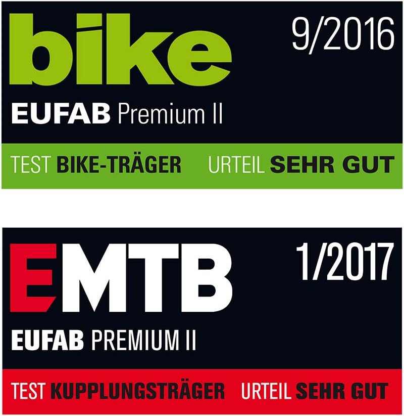 EUFAB 11521 Premium 2 Bicycle Carrier, Suitable for E-Bikes, Completely Pre-Assembled, Anti-Theft Protection, for 2 Bicycles, for Towing Hitch, Black, Silver