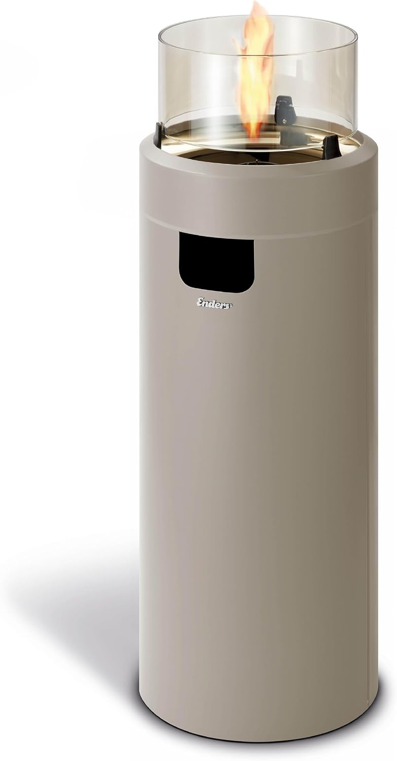 Enders Terrassenfeuer NOVA LED L TAUPE, Gas Terrassenfeuer mit Ambientebeleuchtungen, ECO GREEN Brenner-Technologie und exzellentem Design, H102cm Ø 62cm, taupe/gold #5606