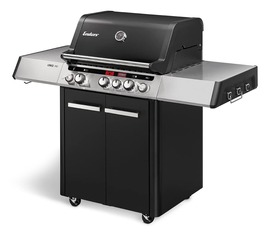 Enders® Gasgrill UNIQ 4 IK CRUSTER®, 4-Edelstahlbrenner, mehrstufige Drehregler, 800 °C TURBO ZONE™, SWITCH GRID™, HEAT RANGE™, SIMPLE CLEAN™, doppelwandige Garhaube, GN ½ Container, Bambusbrett #8702
