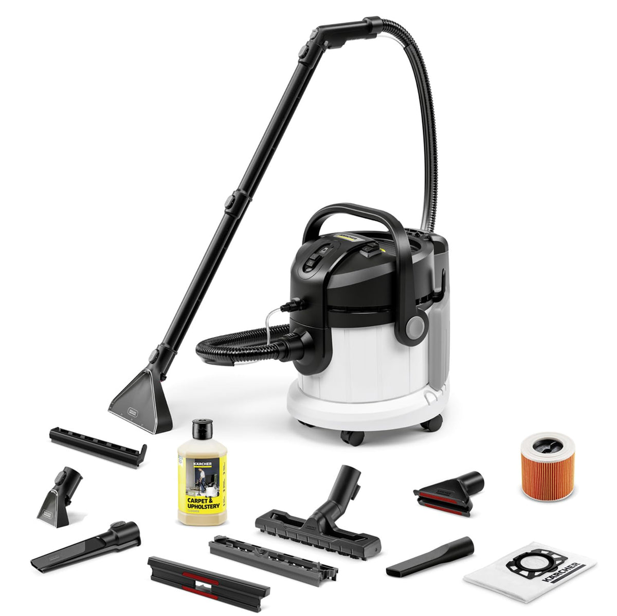 KÄRCHER SE 4 Washing Vacuum Cleaner, 2-in-1 Spray Suction Hose, Fresh and Dirty Water Tank: 4 Litres, Washing Floor Nozzle with Hard Floor Attachment, Clip Floor Nozzle with Hard Floor and Carpet Insert, Upholstery and Crevice Nozzle