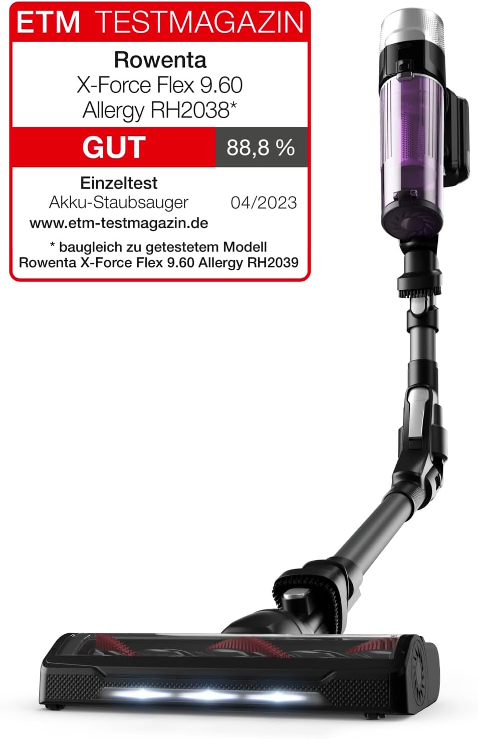 Rowenta X-Force Flex 9.60 Allergy kabelloser Akku-Stabstaubsauger, 100 Air Watt, herausnehmbarer Akku, bis zu 45 Min. Laufzeit, kompakt, Flex-Gelenk, LED-Düse, Lila-Schwarz, RH2038