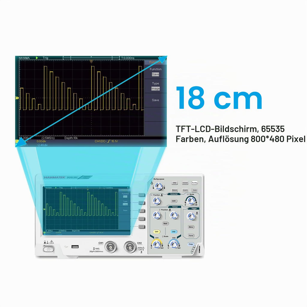 HANMATEK 200 MHz Bandwidth DOS1202 Digital Oscilloscope with 2 Channels and Screen 7 Inch / 18 cm, TFT LCD Display, Portable Professional Oscilloscope Kit with 1GS/s Sampling Rate