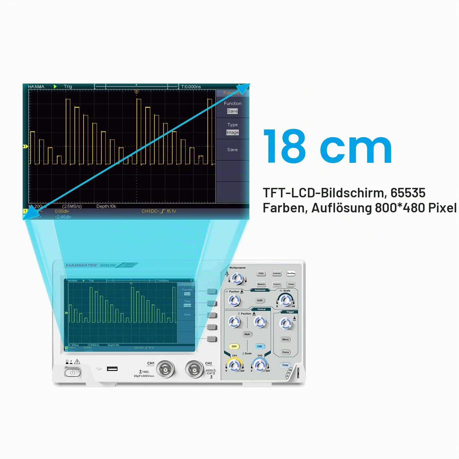 HANMATEK 200 MHz Bandwidth DOS1202 Digital Oscilloscope with 2 Channels and Screen 7 Inch / 18 cm, TFT LCD Display, Portable Professional Oscilloscope Kit with 1GS/s Sampling Rate