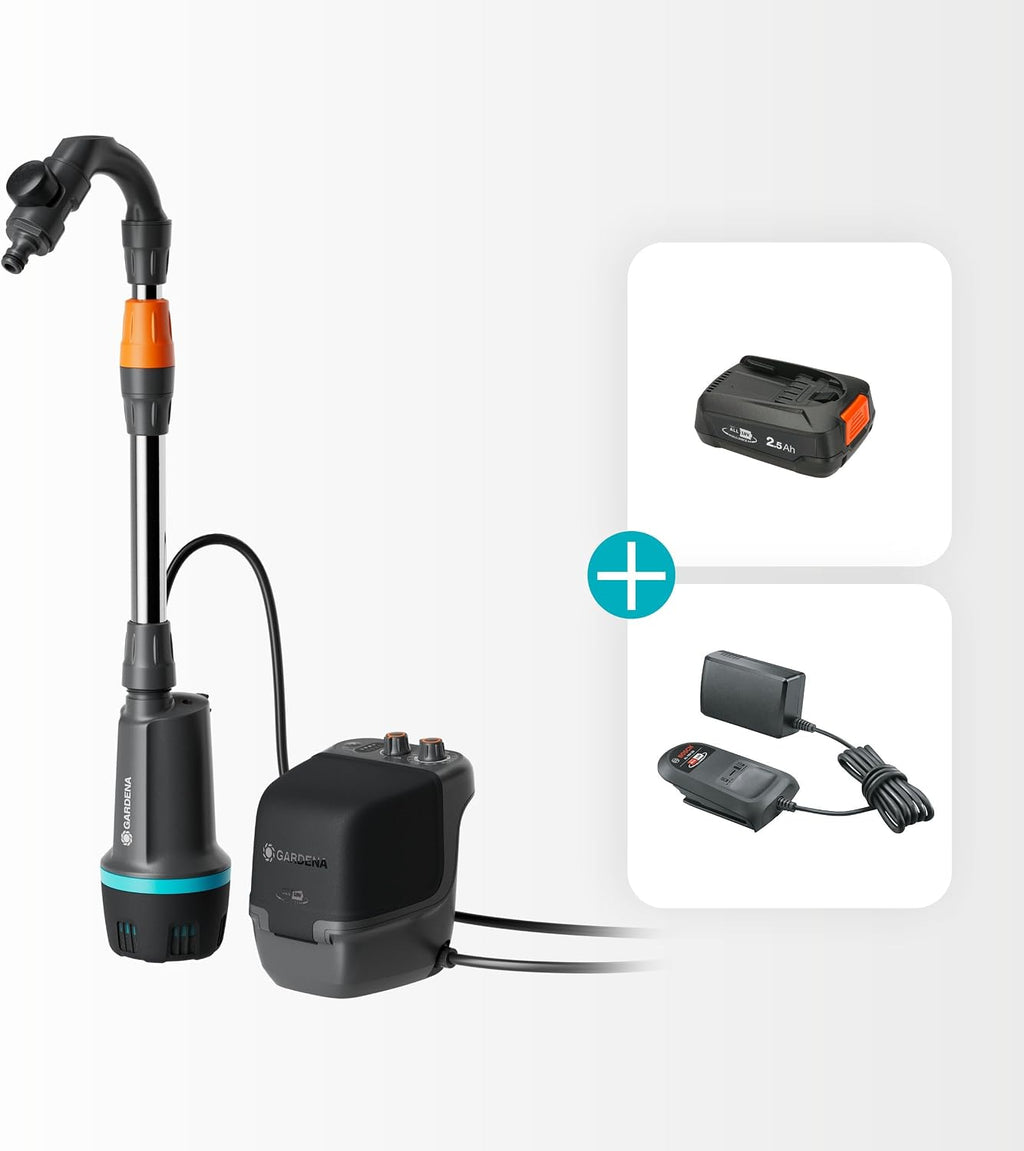 Gardena Akku-Regenfasspumpe 2600 Comfort 18V P4A Ready-To-Use Set: Bewässerungsintervalle, Leistungseinstellung, Passt zum Wasserbehälter, Konstanter Druck, Kabellos (14604-20)