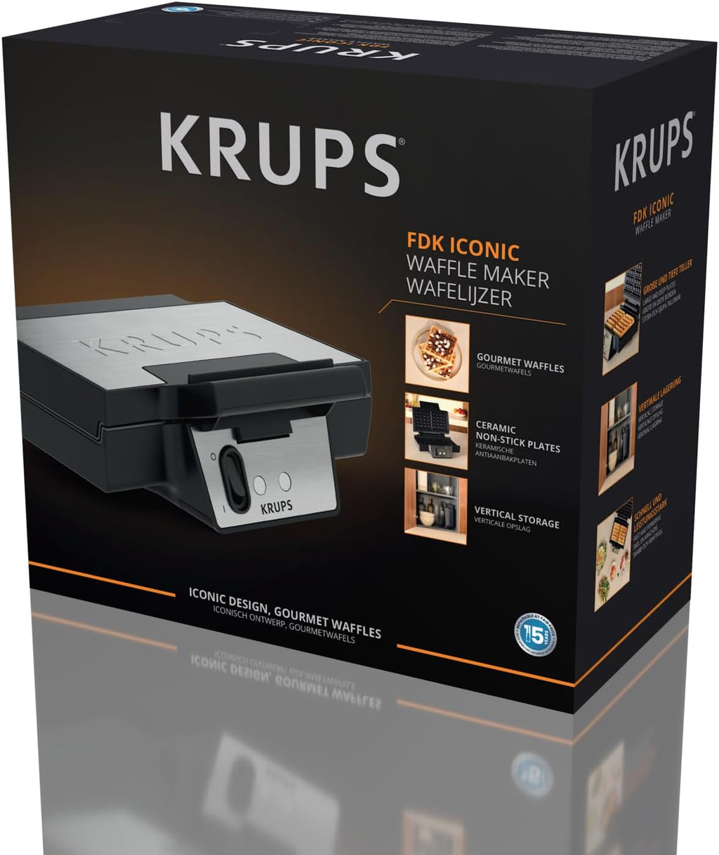 Krups FDK Iconic Waffeleisen, 850 W, keramikbeschichtete Antihaft-Platten, ikonisches Design, vertikale Aufbewahrung, benutzerfreundlich, Schwarz/Edelstahl, FDK261