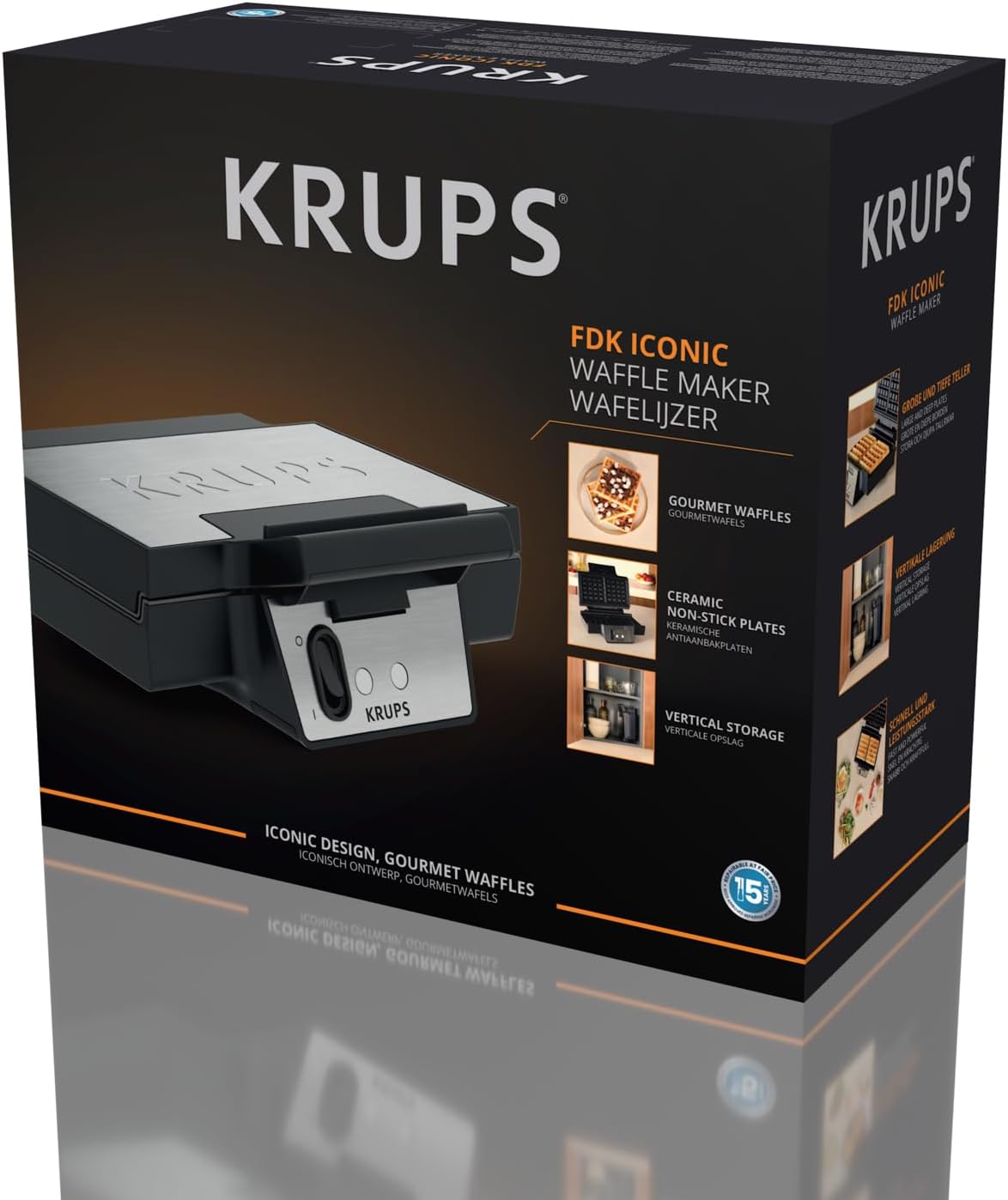 Krups FDK Iconic Waffeleisen, 850 W, keramikbeschichtete Antihaft-Platten, ikonisches Design, vertikale Aufbewahrung, benutzerfreundlich, Schwarz/Edelstahl, FDK261