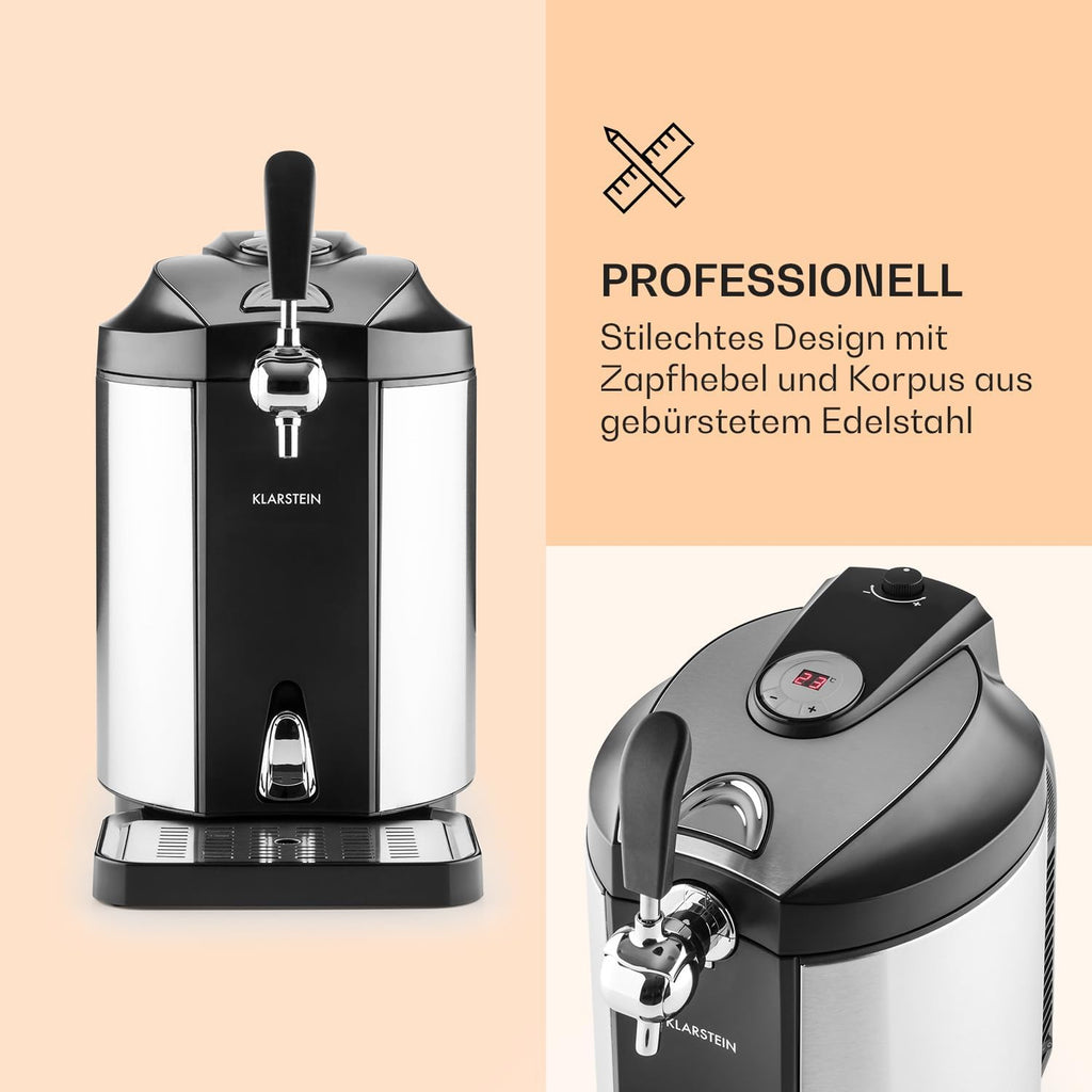 Klarstein Skal – Universal Beer Dispenser with Integrated Beer Cooler, Cooling to 2-12 °C, Beer Dispenser 5 Litres with Cooling. Thermoelectric Cooling System, 38 dB, Grey Silver