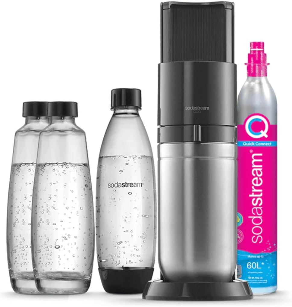 SodaStream Wassersprudler DUO Vorteilspack mit 1x Quick-Connect CO2-Zylinder, 2x 1L Glasflasche und 1x 1L spülmaschinenfeste Kunststoff-Flasche, Höhe: 44cm, Farbe: Titan