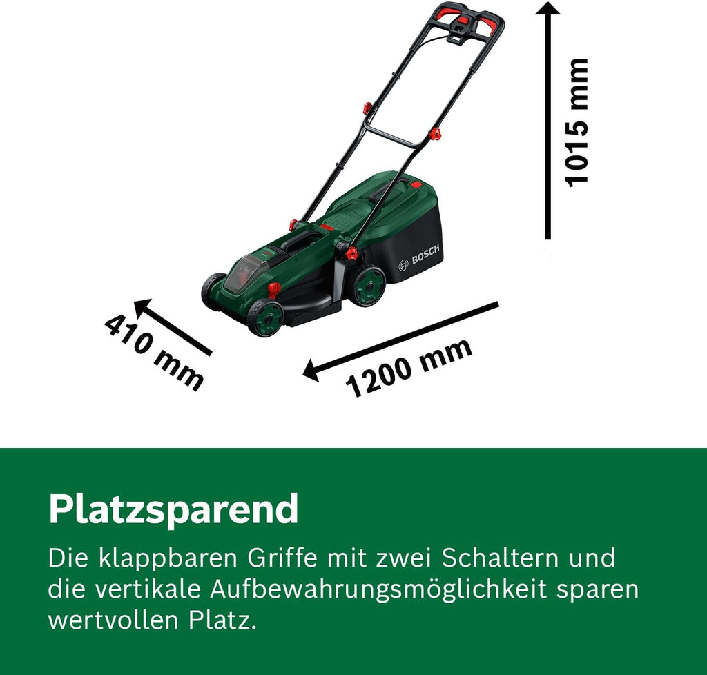 Bosch Akku-Rasenmäher ROTAK18V-34 (Schnittbreite: 34 cm, Schnitthöhe: 25-65 mm, 35 l Stoff-Grasfangkorb, Mulchstopfen, inkl. Akku und Ladegerät)