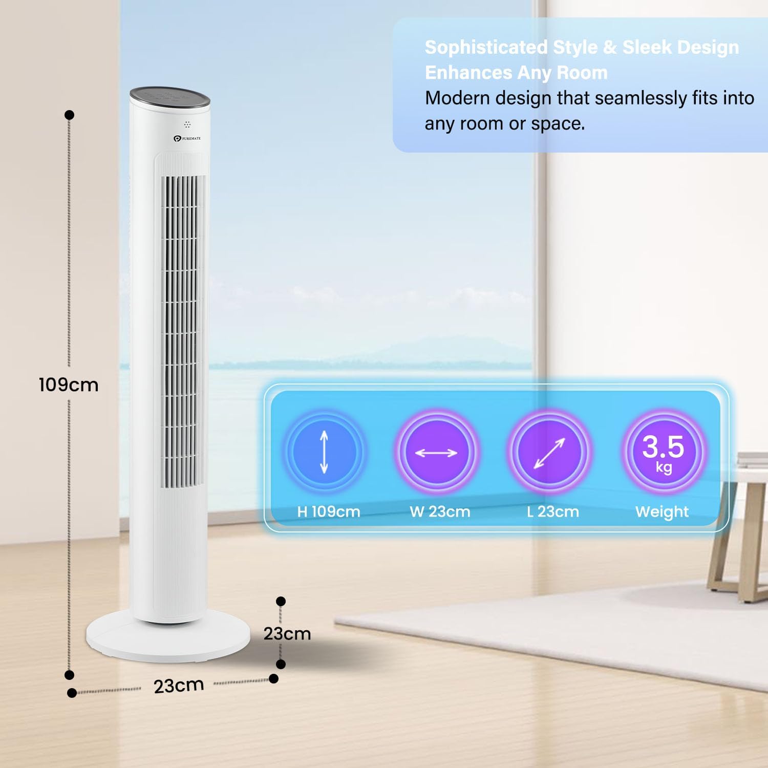PureMate 43-inch Tower Fan with Remote control, Oscillating Silent Bladeless Floor Fan, 3 Speeds, 7-Hour Timer, Powerful 40W Electric Standing Fan, Portable Quiet & Ideal for Bedroom, White