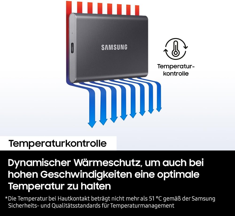 Samsung Portable SSD T7, SSD 1 TB, USB 3.2 Gen.2, 1.050 MB/s Lesen, 1.000 MB/s Schreiben, Externe SSD-Festplatte für iPhone 15 und neuer, Mac, PC, Smartphone und Spielkonsole, Grau, MU-PC1T0T/WW