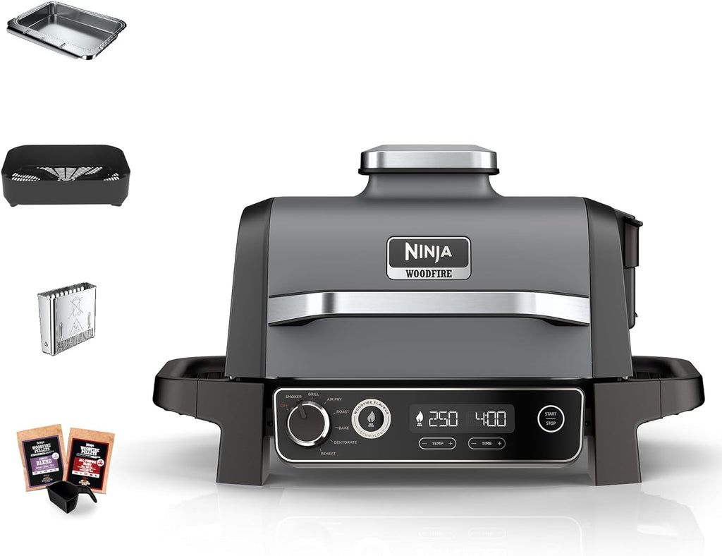 Ninja Woodfire Elektrogrill, Camping-Grill mit Smoker-& Heißluftfritteuse, 7-in-1-Outdoor Grill, räuchern, braten, backen, wetterfest, antihaftbeschichtet, tragbar, Grau/Schwarz OG701EU