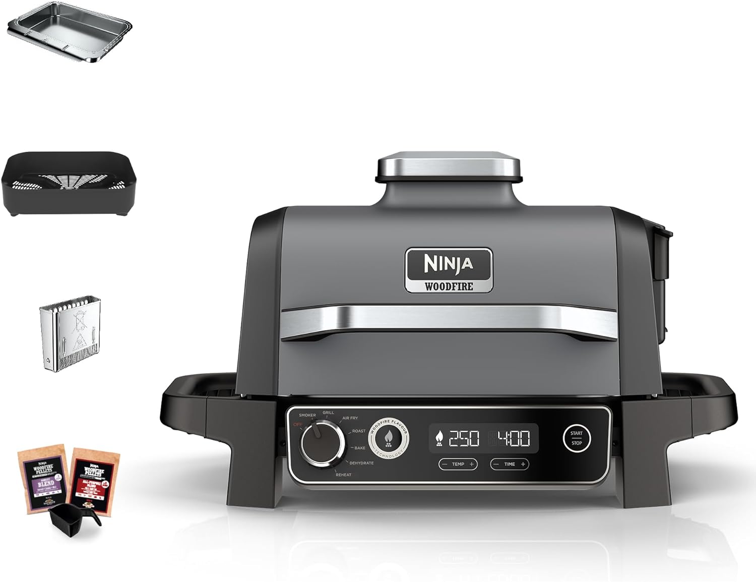 Ninja Woodfire Elektrogrill, Camping-Grill mit Smoker-& Heißluftfritteuse, 7-in-1-Outdoor Grill, räuchern, braten, backen, wetterfest, antihaftbeschichtet, tragbar, Grau/Schwarz OG701EU