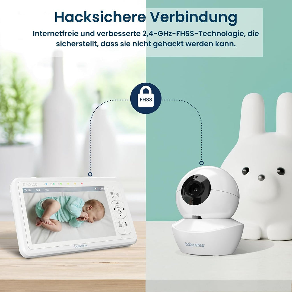 Babysense Baby Monitor HD 5 Inch with 2 Cameras, Video Baby Monitor without WiFi, Night Light, Lullabies, 300 m Range, Two-Way Audio, 4x Zoom, 4000 mAh Battery