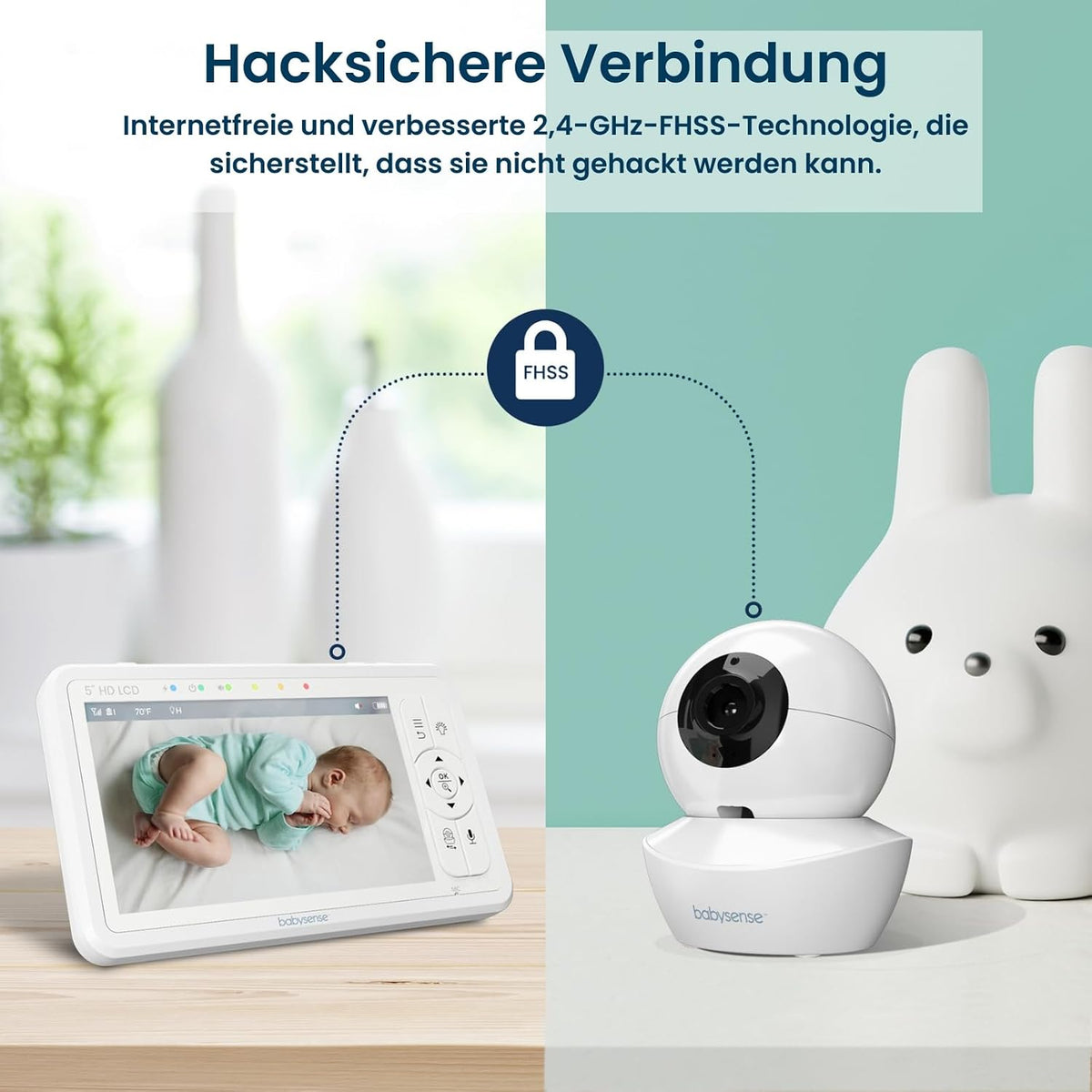 Babysense Baby Monitor HD 5 Inch with 2 Cameras, Video Baby Monitor without WiFi, Night Light, Lullabies, 300 m Range, Two-Way Audio, 4x Zoom, 4000 mAh Battery