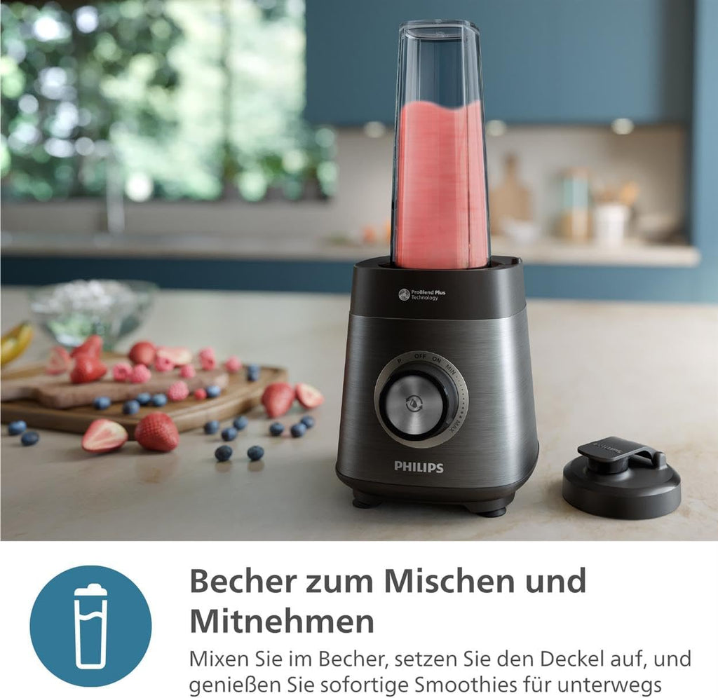 Philips 5000 Series Blender with Blending and Go Container - 1200 W. 2L Maximum Capacity. ProBlend Plus Technology. Dishwasher Safe. Automated Cleaning. Black (HR3041/00)