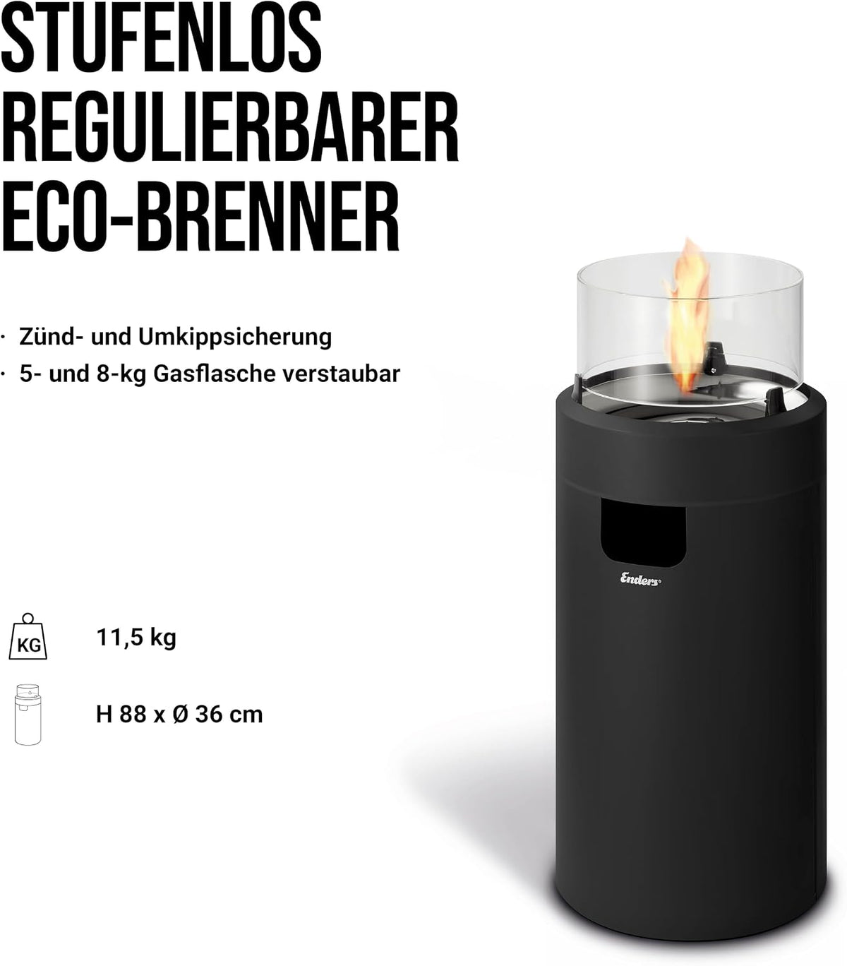 Enders Terrassenfeuer NOVA LED M BLACK, Gas Terrassenfeuer mit Ambientebeleuchtungen, ECO GREEN Brenner-Technologie und exzellentem Design, H88cm Ø 62cm, Schwarz #5600