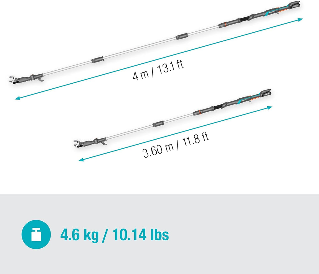 Gardena Akku-Teleskop-Baumschere HighCut 360/18V P4A Ready-to-Use Set: Bis zu 5 m Reichweite, Schwenkbarer Schneidkopf, Ergonomisch, LED-Anzeige, Kabellos (14776-20)