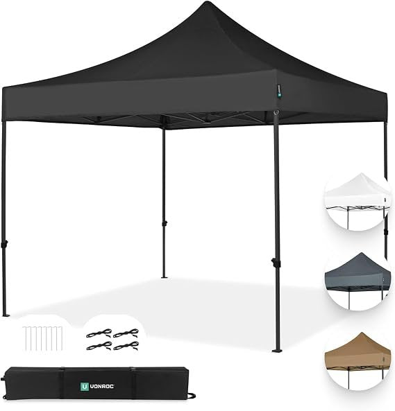 VONROC Faltpavillon 3 x 3 m – Wasserdichtes EasyUp Pop-Up Partyzelt, stabil, modular erweiterbar, 3-Minuten-Aufbau, Gartenpavillon (Schwarz)