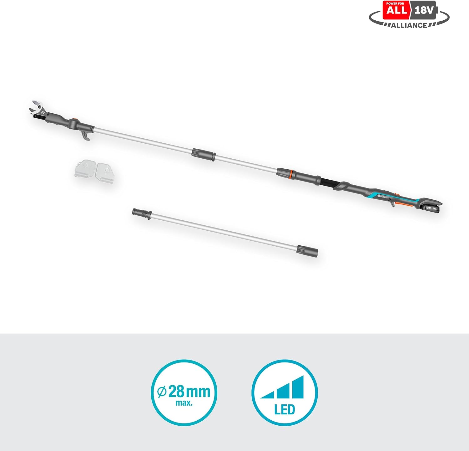 Gardena Akku-Teleskop-Baumschere HighCut 360/18V P4A Ready-to-Use Set: Bis zu 5 m Reichweite, Schwenkbarer Schneidkopf, Ergonomisch, LED-Anzeige, Kabellos (14776-20)