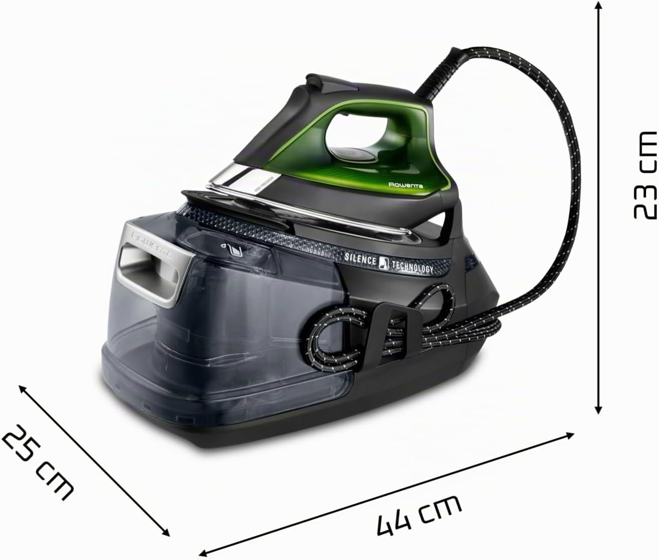 Rowenta Silence Steam Pro Dampfbügelstation, 2800 W, Dauerdampfmenge 150 g/Min, extra Dampfstoß 620 g/min, Eco-Funktion, 1300 ml abnehmbarer Wassertank, Schwarz/Grün, DG9248