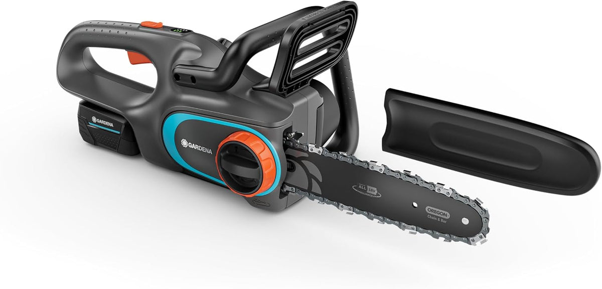 Gardena Akku-Kettensäge PowerSaw 250/18V P4A Ready-To-Use Set: Oregon Kette, Ergonomisch, Geräuscharm, Kettenbremse, Kabellos (14790-20)