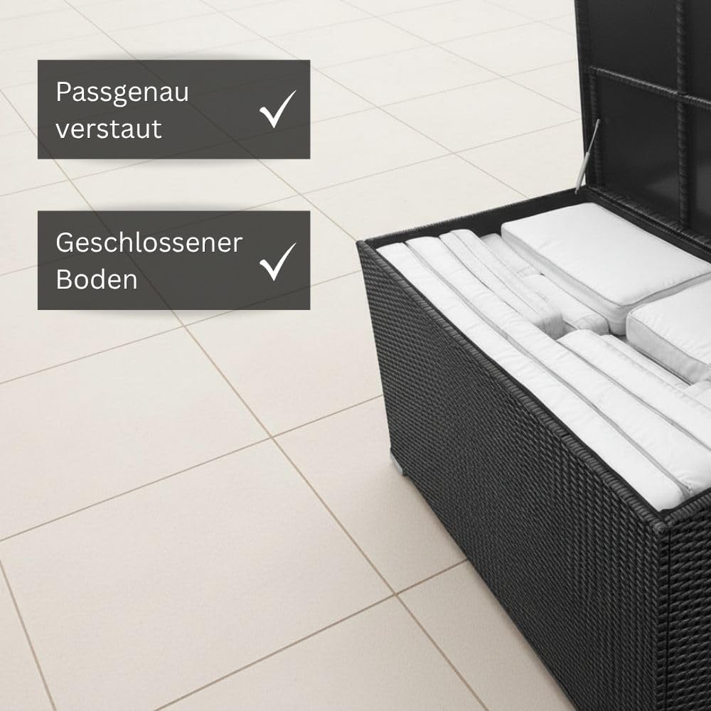 RS Trade Auflagenbox Wasserdicht XXL, 950l, Schwarz, Gartenbox, Aufbewahrungsbox Garten, Kissenbox Outdoor, Gartentruhe, Große Gartenkiste für Polster, Wetterfeste Garten-Aufbewahrung, Polyrattan