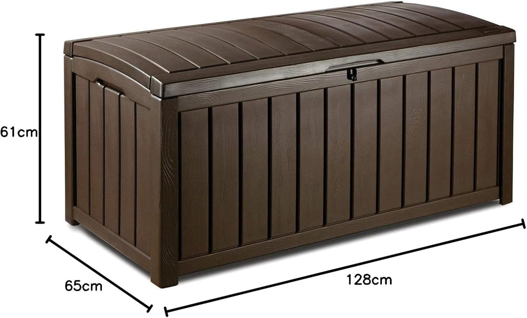 Keter Glenwood Kissenbox, Auflagenbox, 390 Liter Volumen, Wasserdicht, Braun, Holzoptik, Sitzbank für 2 Erwachsene,128x65x61cm, Allzwecktruhe