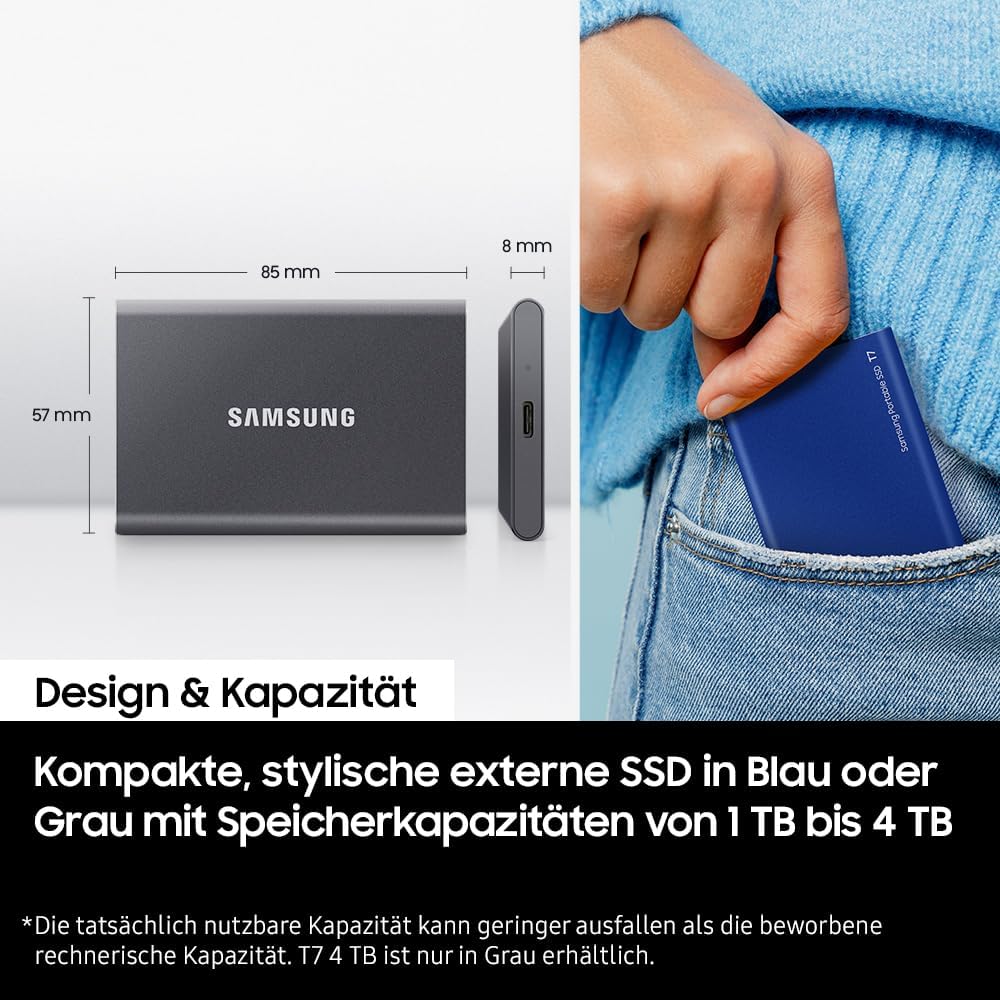Samsung Portable SSD T7, SSD 1 TB, USB 3.2 Gen.2, 1.050 MB/s Lesen, 1.000 MB/s Schreiben, Externe SSD-Festplatte für iPhone 15 und neuer, Mac, PC, Smartphone und Spielkonsole, Grau, MU-PC1T0T/WW
