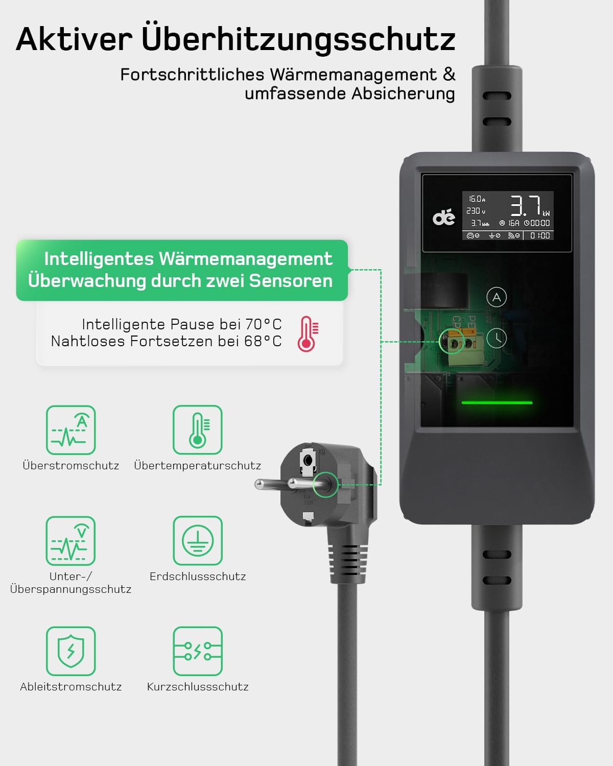dé Typ 2 Ladekabel Schuko mit APP 3,7kW 7m, 6-16A einstellbar, schwarz