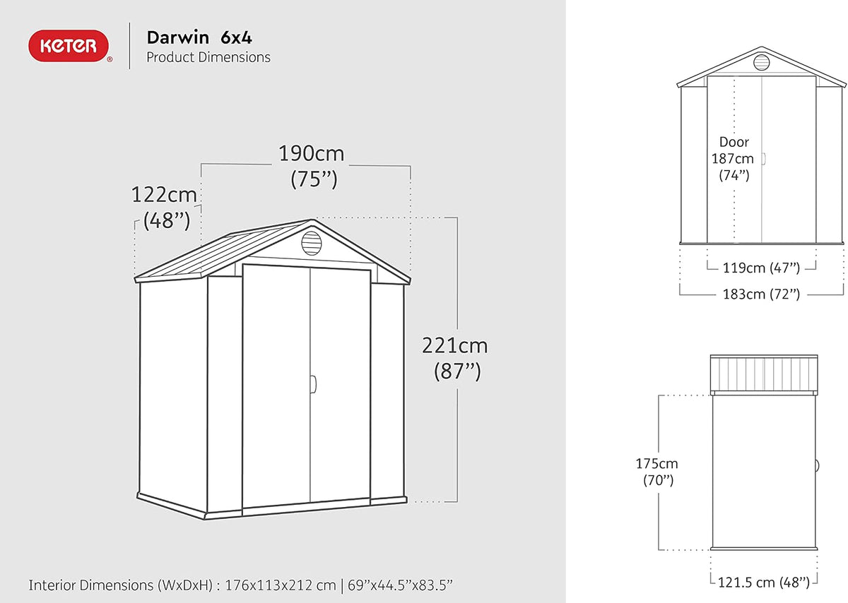 Keter Gerätehaus Darwin 6x4 DD, Braun, Außenmaße 190x122x221cm, wartungsfrei, Kunststoff,wetterfest, Gartenhaus Geräteschuppen Gartenhütte, Hütte für Gartengeräte