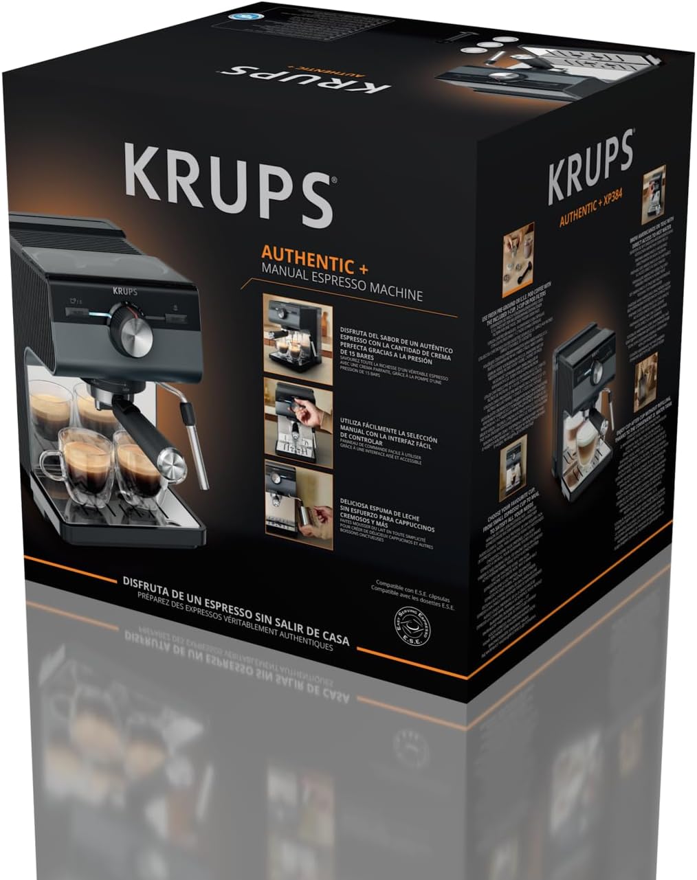 Krups Authentic+ Espresso-Siebträgermaschine, 15 bar, intuitive Bedienung, raffiniertes Design, Dampfdüse, inkl. umfangreichem Zubehör, Bullet Dark Silver/Edelstahl, XP384G10