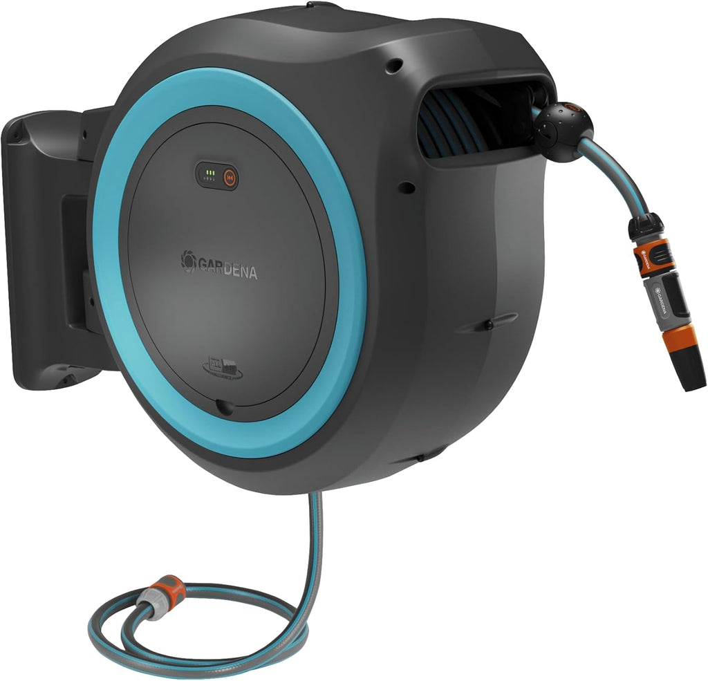 Gardena Akku-Wand-Schlauchbox PowerRoll XXL Ready-to-use-Set: Automatischer Schlauchaufroller mit 40 m Gartenschlauch, Schlauchführung und RollControll, Komplett-Set mit Akku (18645-20)