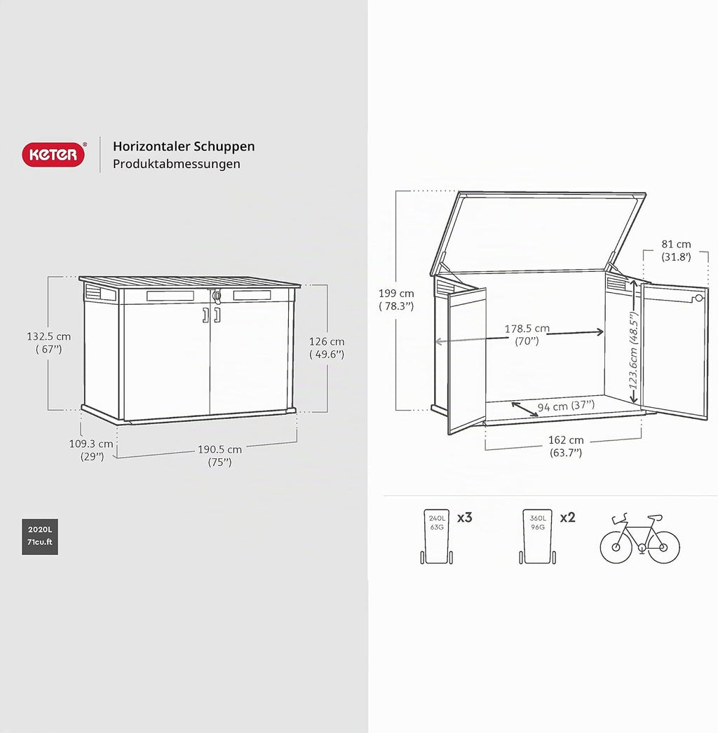 Keter Signature Gartenschrank, wetterfest, 2020 L Stauraum, abschließbar, mit Gasdruckfedern, Rosenholz-Optik, 190,5 x 109,3 x 132,5 cm, Mülltonnenbox für 2X 360l Tonnen