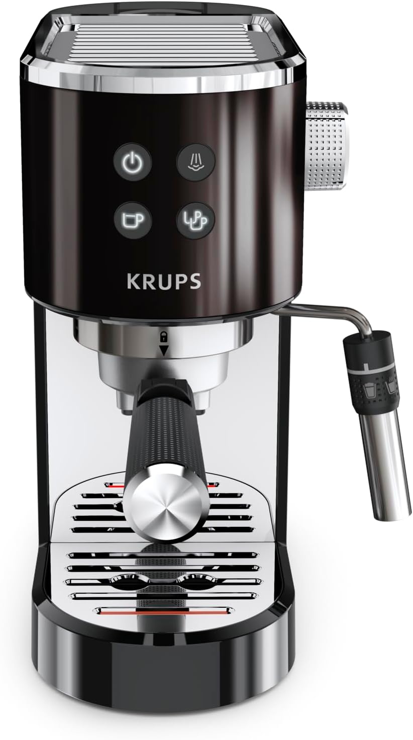 Krups Virtuoso+ Espresso-Siebträgermaschine, 15 bar Pumpendruck, 3 Crema-Filter, Edelstahl-Dampfdüse, intuitives Bedienfeld, Drehregler, inkl. Dosierlöffel und Tamper, Schwarz/Edelstahl, XP444G