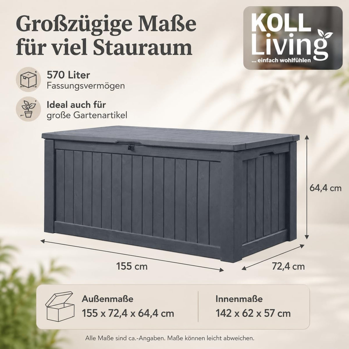 Koll Living Auflagenbox/Kissenbox 570 Liter l 100% Wasserdicht l mit Belüftung dadurch kein übler Geruch/Schimmel l Moderne Holzoptik l Deckel belastbar bis 250 KG (2 Personen) (Anthrazit)