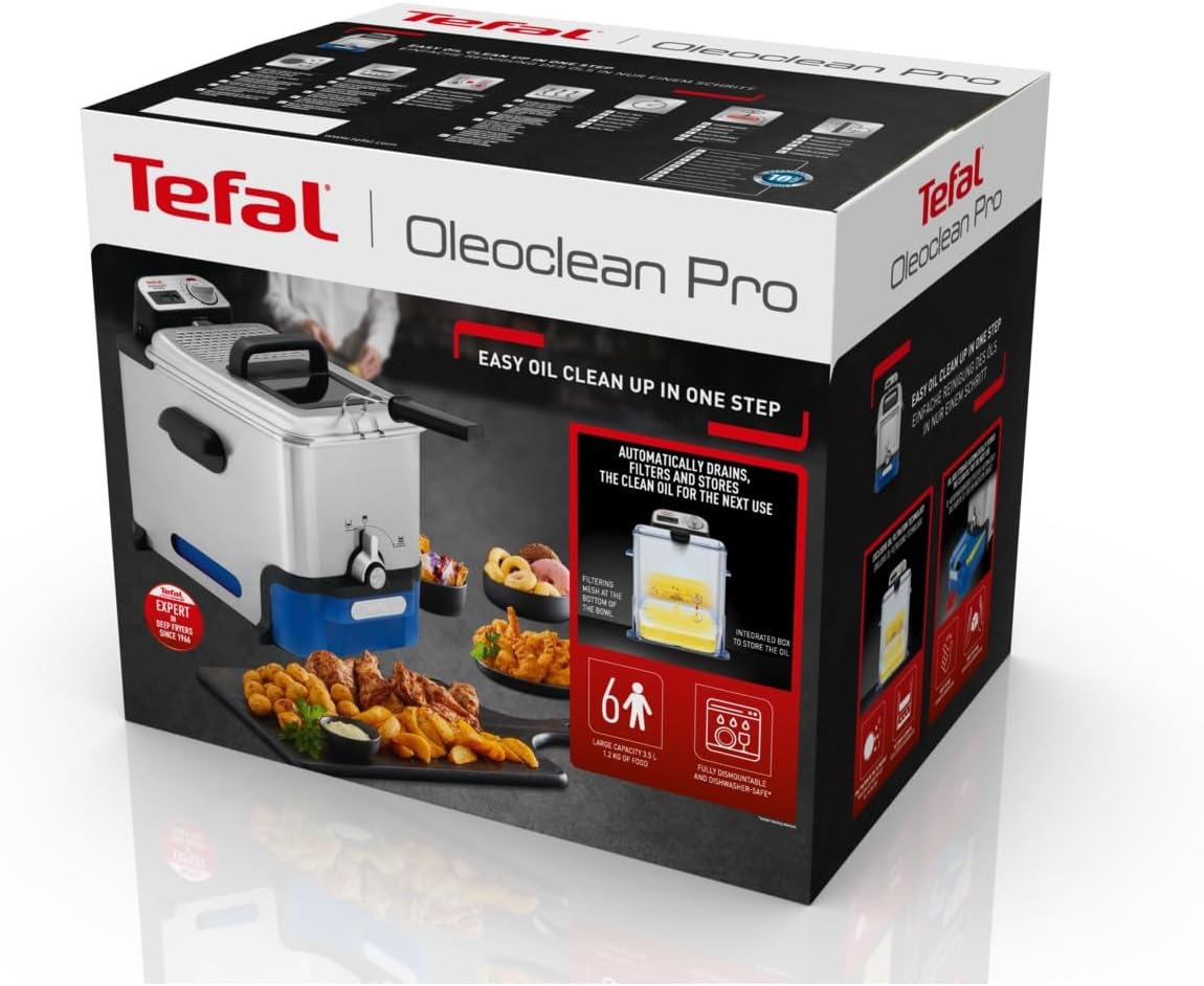 Tefal Oleoclean Pro Fryer 3.5 L for Crispy Chips, 2300 W Stainless Steel Fryer with Oil Filter, Removable Oil Container 1.2 kg, Timer & Thermostat, Dishwasher Safe, Black/Stainless Steel