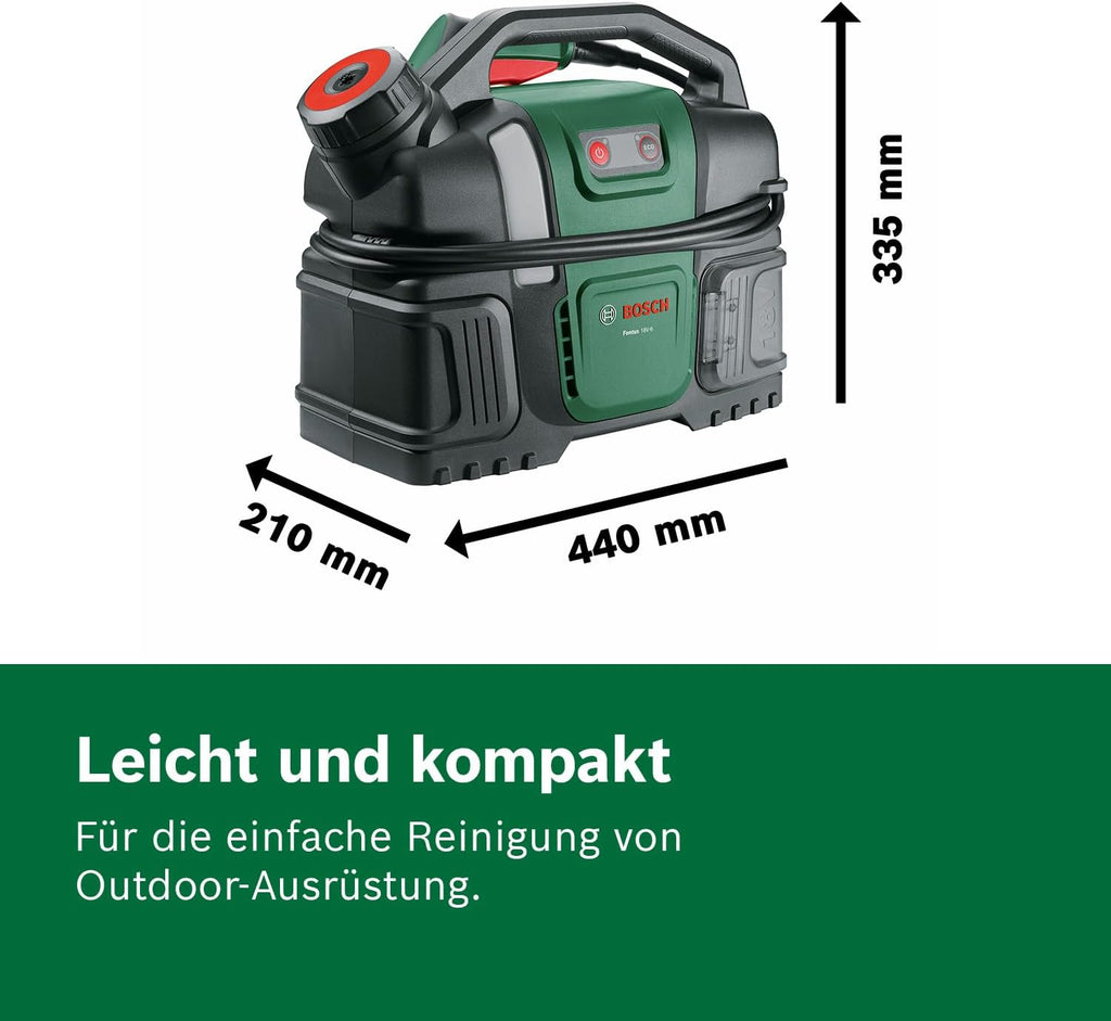 Bosch Akku-Druckreiniger Fontus 18V-6 für Fahrräder (mobil, mini, 6-Liter-Wassertank, 8 Druckstufen, Aufbewahrung für Schlauch und Pistole, onhe Akku)
