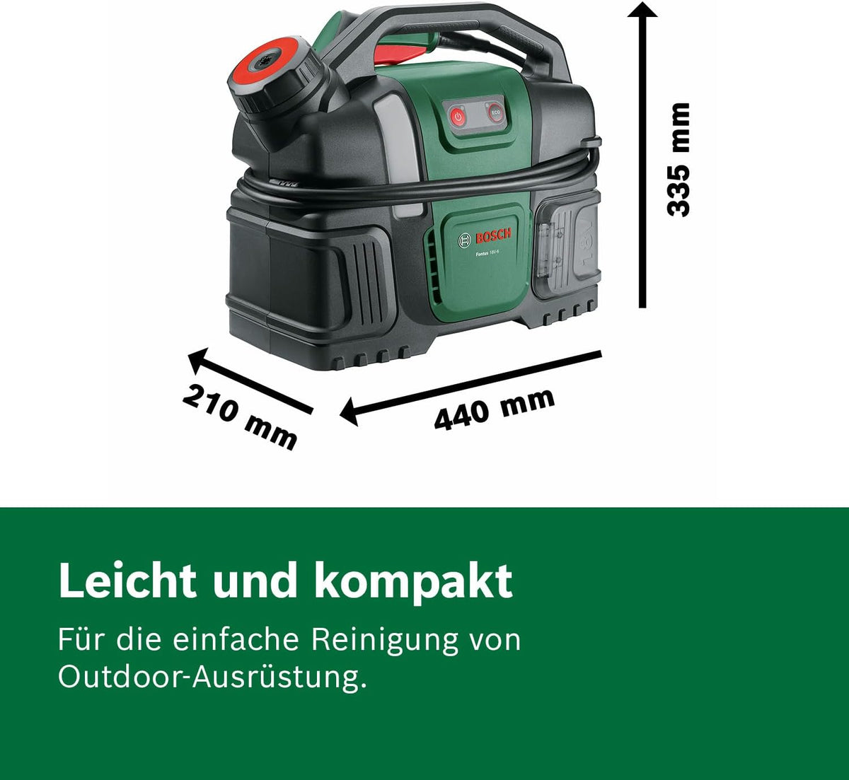 Bosch Akku-Druckreiniger Fontus 18V-6 für Fahrräder (mobil, mini, 6-Liter-Wassertank, 8 Druckstufen, Aufbewahrung für Schlauch und Pistole, onhe Akku)