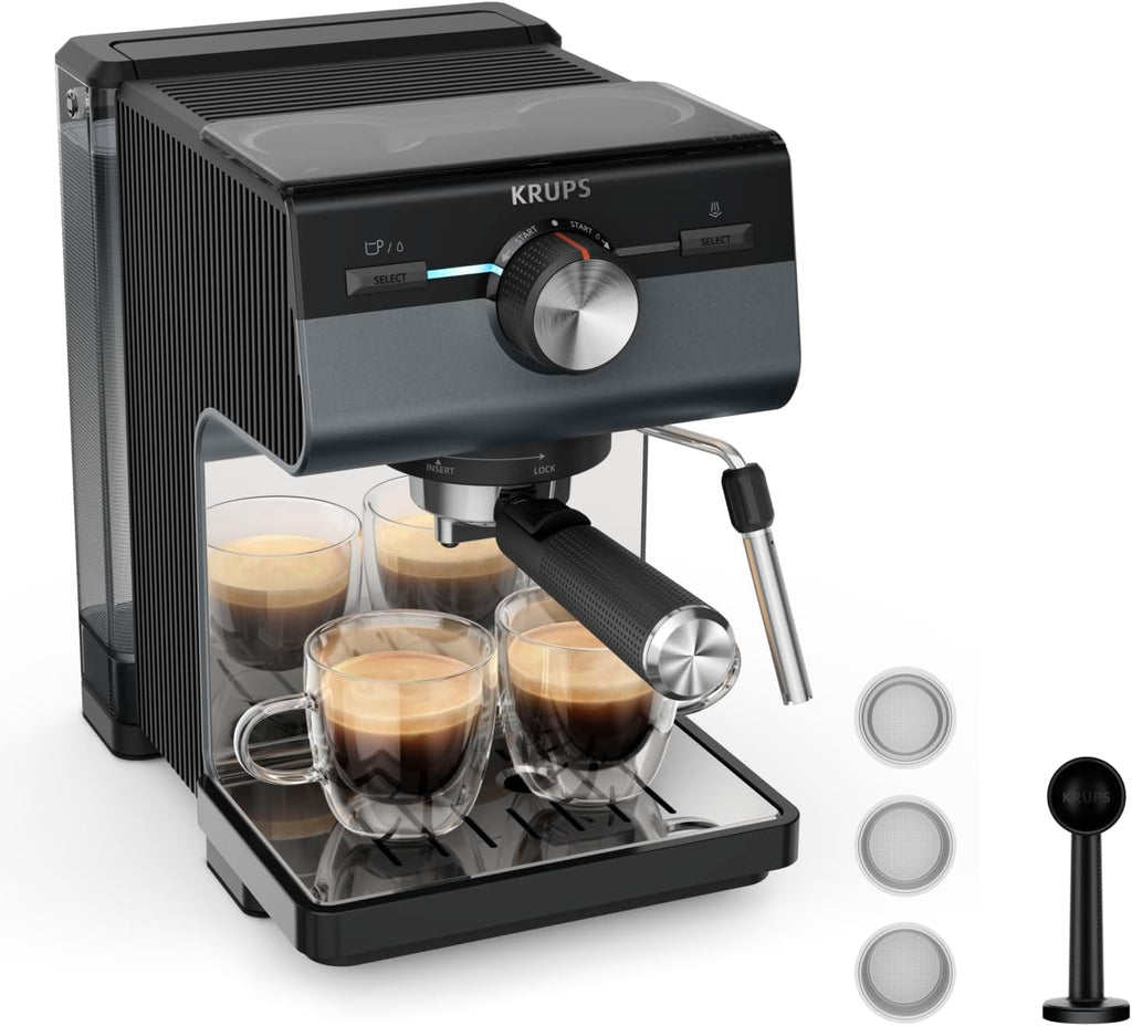 Krups Authentic+ Espresso-Siebträgermaschine, 15 bar, intuitive Bedienung, raffiniertes Design, Dampfdüse, inkl. umfangreichem Zubehör, Bullet Dark Silver/Edelstahl, XP384G10