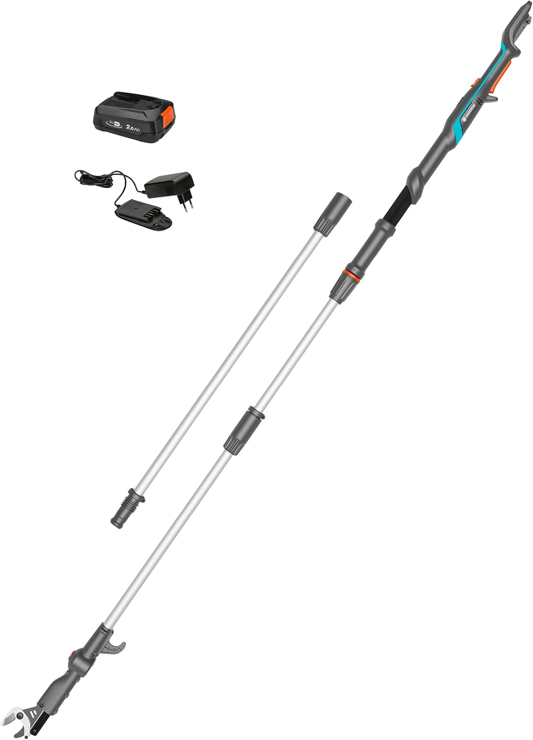 Gardena Akku-Teleskop-Baumschere HighCut 360/18V P4A Ready-to-Use Set: Bis zu 5 m Reichweite, Schwenkbarer Schneidkopf, Ergonomisch, LED-Anzeige, Kabellos (14776-20)