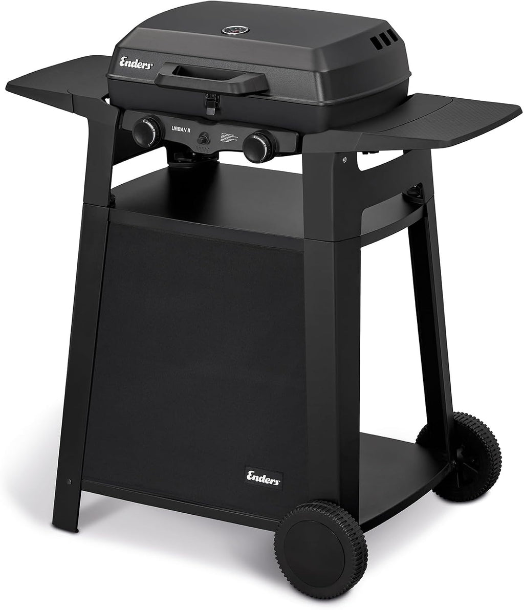 Enders Urban II Trolley, Tischgrill mit Trolley, Grillen-, Kochen- und Backen Funktion, 2 Brenner Edelstahl, mit Grill-Thermometer, Balkon-, Camping-Grill, Aluguss-Gehäuse, Gusseisen-Rost #207072