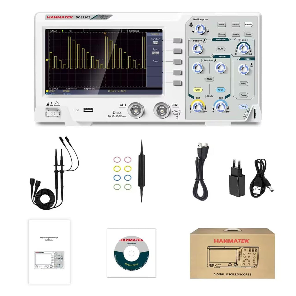 HANMATEK 200 MHz Bandwidth DOS1202 Digital Oscilloscope with 2 Channels and Screen 7 Inch / 18 cm, TFT LCD Display, Portable Professional Oscilloscope Kit with 1GS/s Sampling Rate
