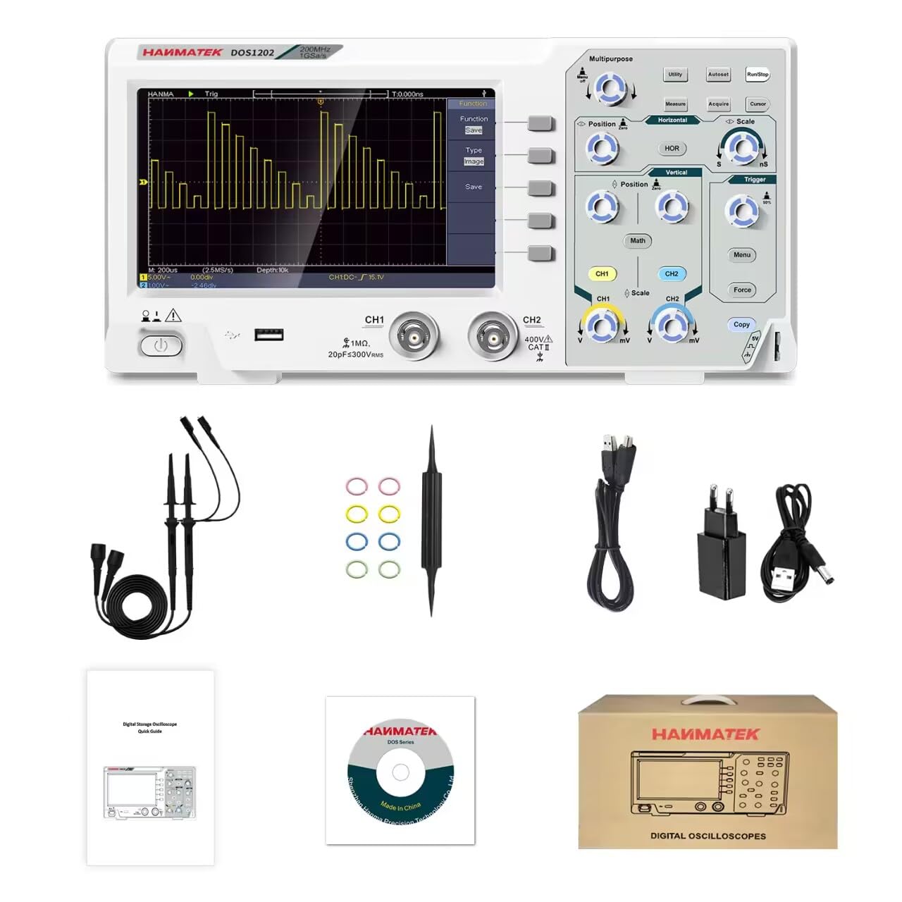HANMATEK 200 MHz Bandwidth DOS1202 Digital Oscilloscope with 2 Channels and Screen 7 Inch / 18 cm, TFT LCD Display, Portable Professional Oscilloscope Kit with 1GS/s Sampling Rate
