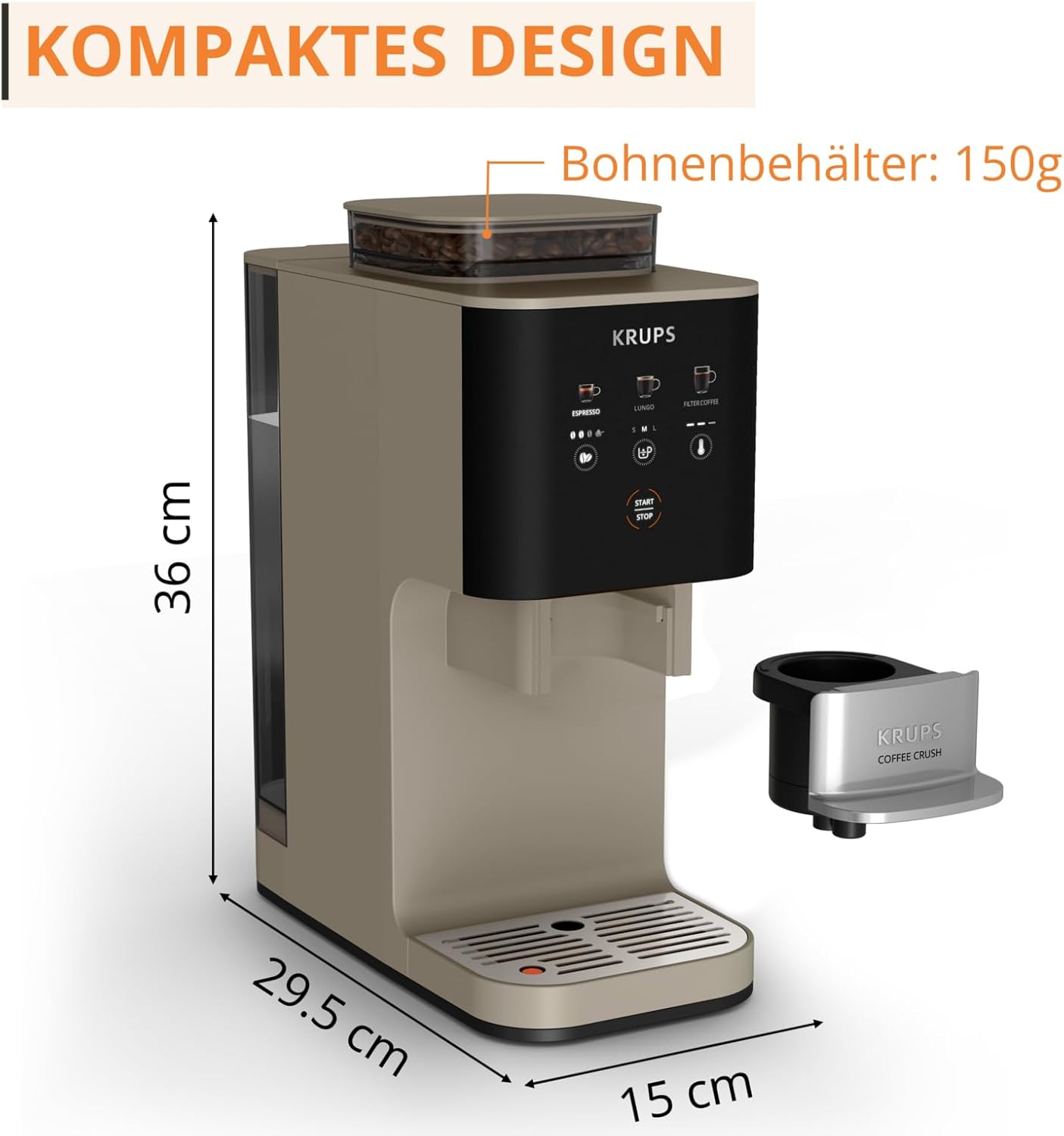 KRUPS Coffee Crush Extra Kaffeevollautomat, nur 15 cm breit, Beige