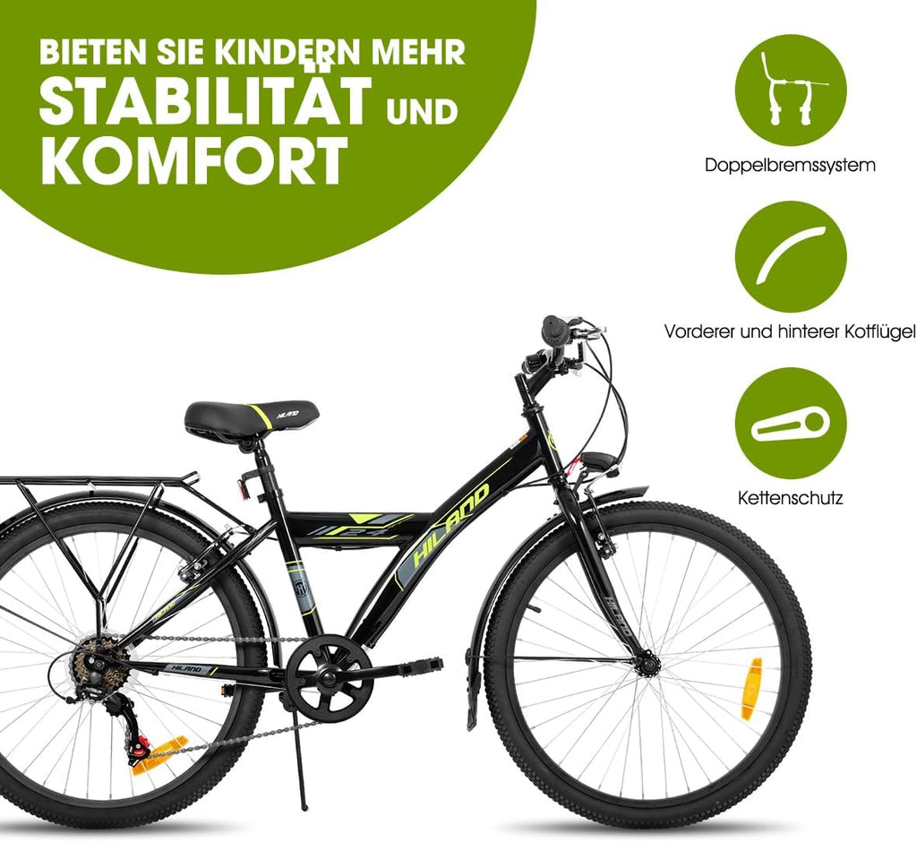 HILAND 20 24 Zoll Kinderfahrrad Mountainbike mit 6 Gang Schaltung, MTB für Kinder Jungen Mädchen mit Ständer, Schwarz/Weiß Fahrrad