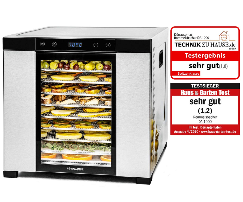 ROMMELSBACHER Dörrautomat DA 1000, XXL-Dörrfläche 1,6 m², inkl. 10 Edelstahl-Dörrtabletts, 2 Dörrgitter, 2 Dörrmatten, LED-Display, 24 Std. Zeitschaltuhr, Temperatur einstellbar (35 °C – 75 °C)o