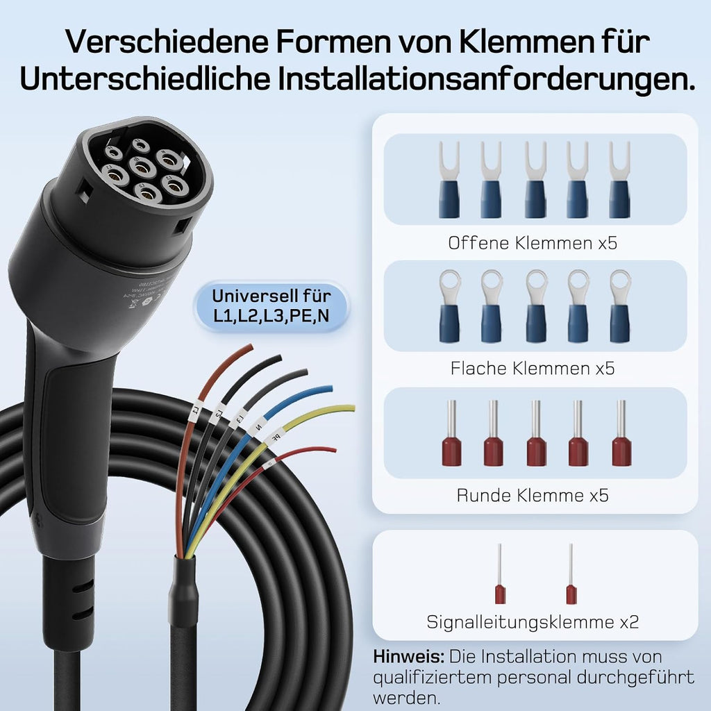 dé Typ 2 Ladekabel offenes Ende 11kW [7,5m| 16A| 3-Phasen] Ladekabel Typ 2 offenes Ende für 11kW Wallbox Ersatzkabel